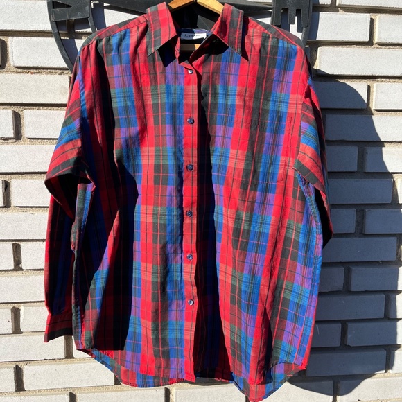 Vintage 90s Red and Blue Plaid Button Up - Picture 2 of 7